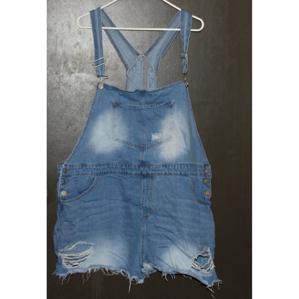 Distressed Denim Shortalls Light Wash Ripped Raw Hem Overalls‎ Womens Small